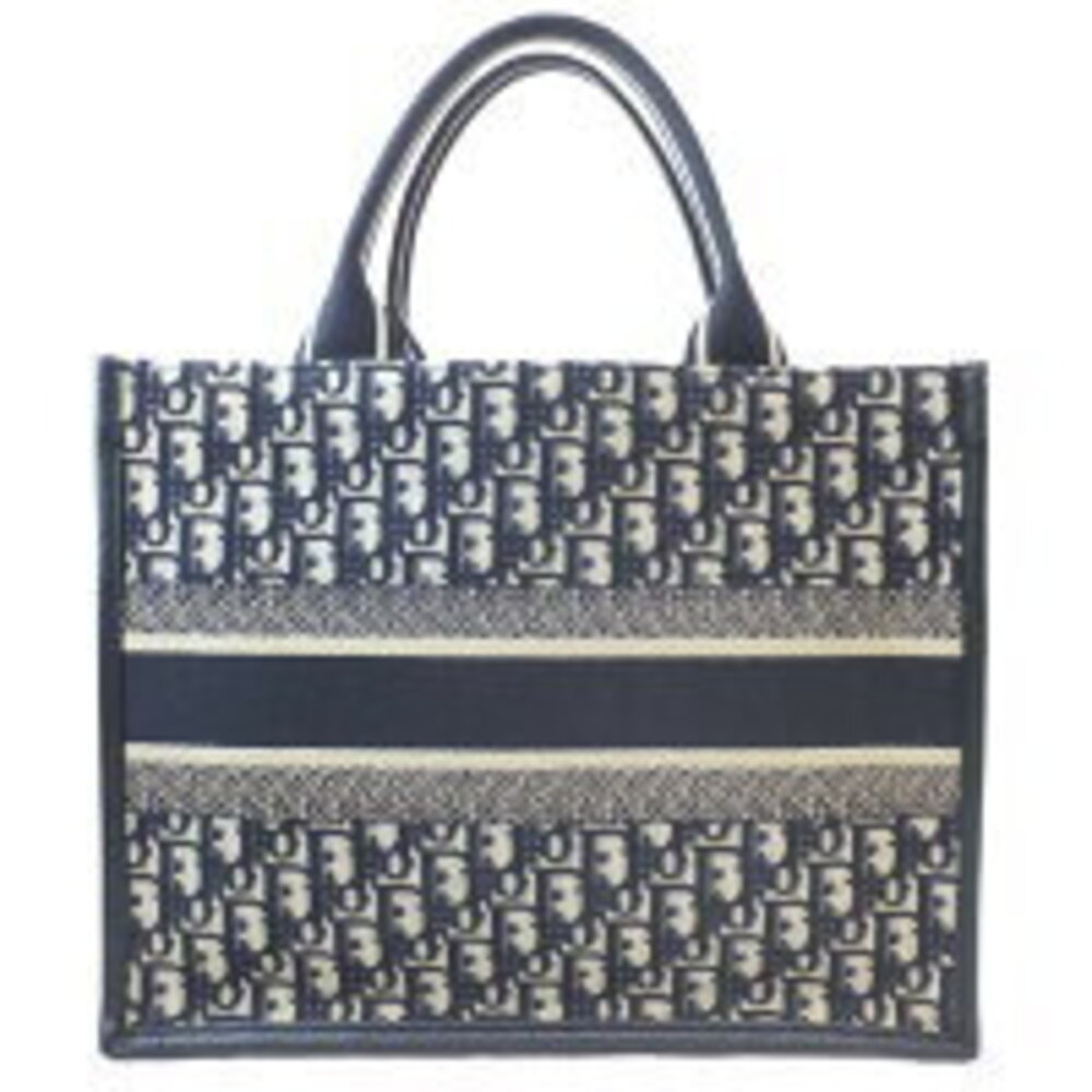 Dior Book Tote Bag Navy Blue Beige Leather Canvas Signature Embroidery - Picture 2 of 6